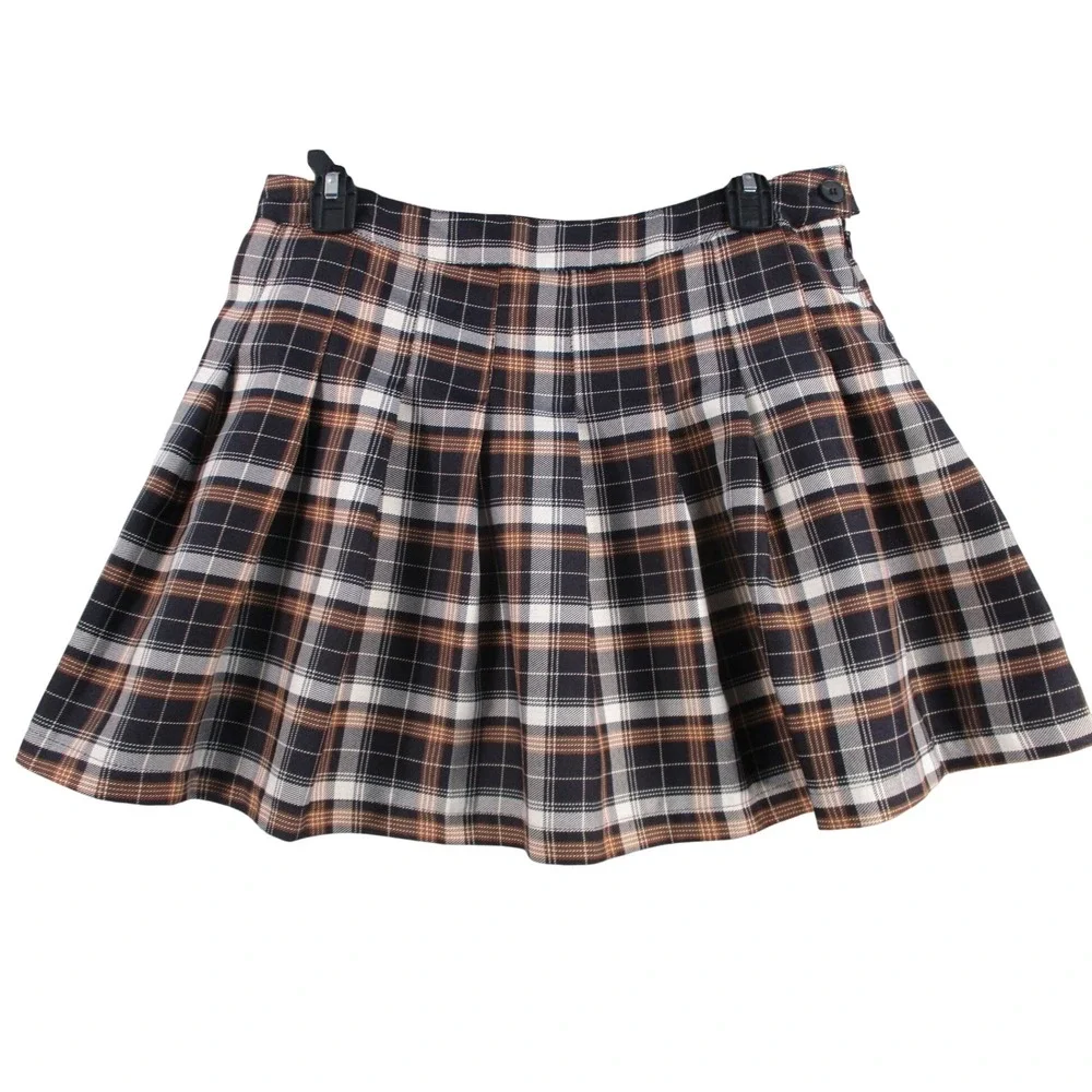 Hesperus Women Plaid Pleated Mini Skirt Brown Black White Academic Preppy Large‎
